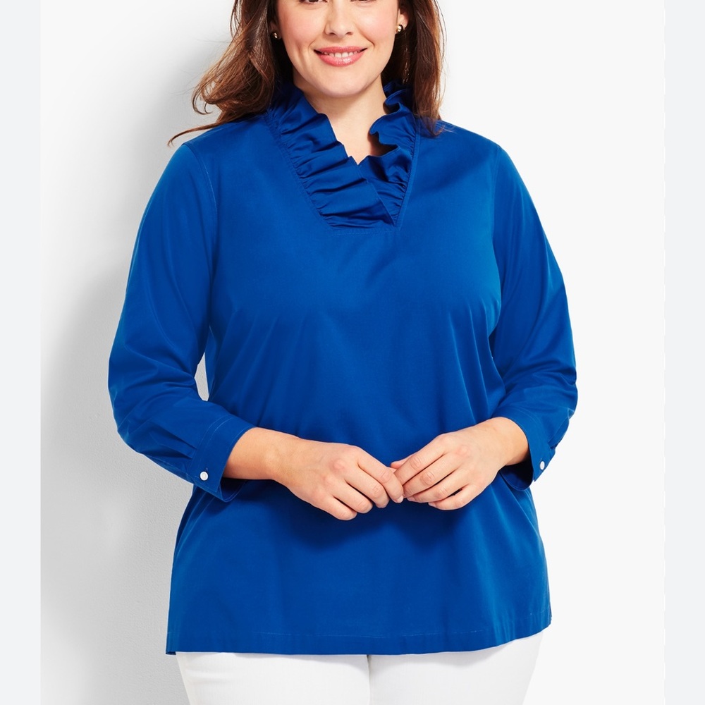 NWOT Talbots Cobalt Blue Ruffle V-Neck Tunic blouse non iron size 8 petite